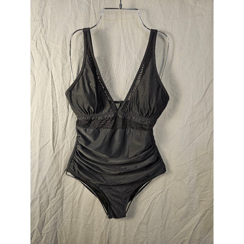 Womens Black Mesh Insert V-Neck Ruched One Piece Swimsuit Size M Adj Straps